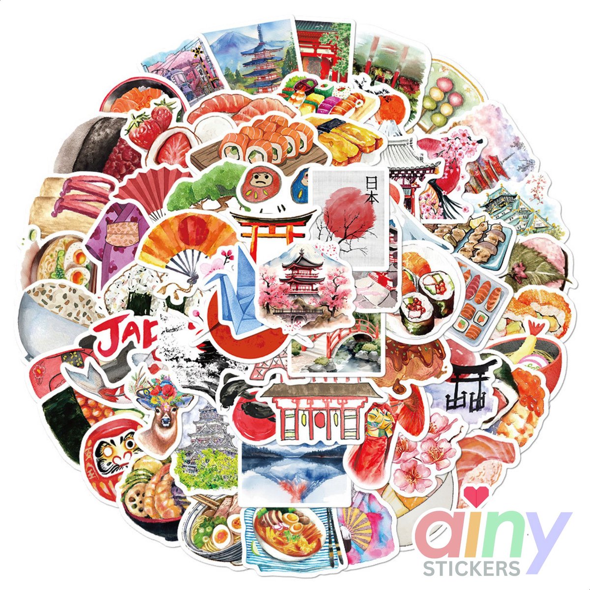 Ainy Japan Stickers 64 stuks voor bullet journal , fotoalbum , wenskaarten , laptop , telefoon , waterfles , scrapbook | ook geschikt als muursticker , geschenksticker , skateboard , knutselen | stickervellen voor kinderen / volwassenen
